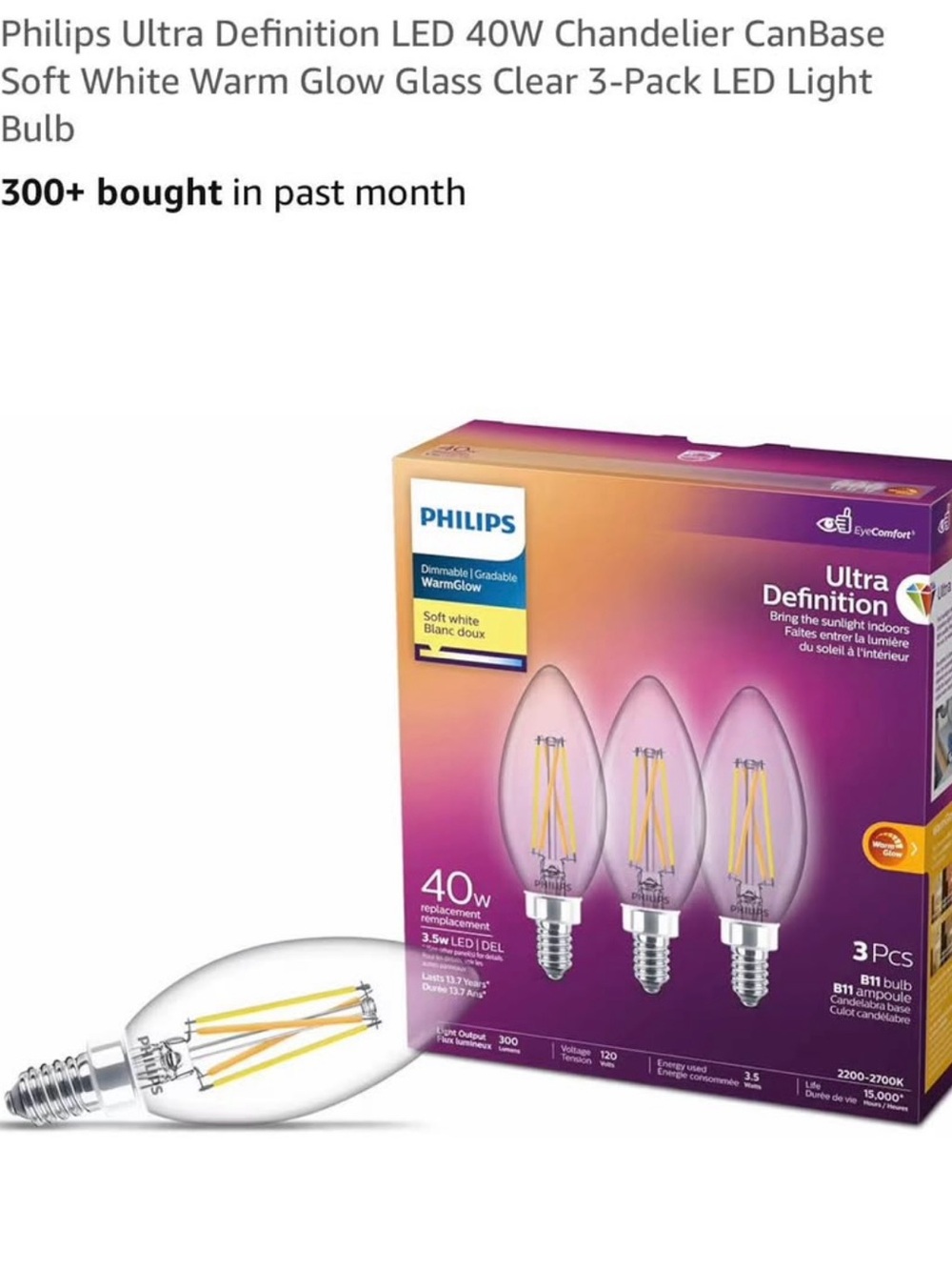 Philips Warm Glow LED Chandelier Bulbs – Clear Glass, Soft White